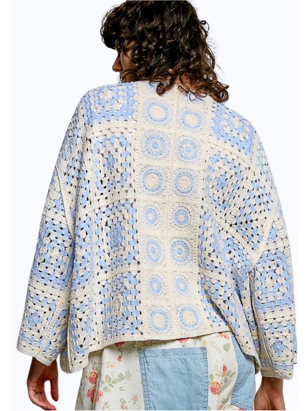NWOT POL Light Blue and Cream Crochet Patchwork Cardigan - One Size